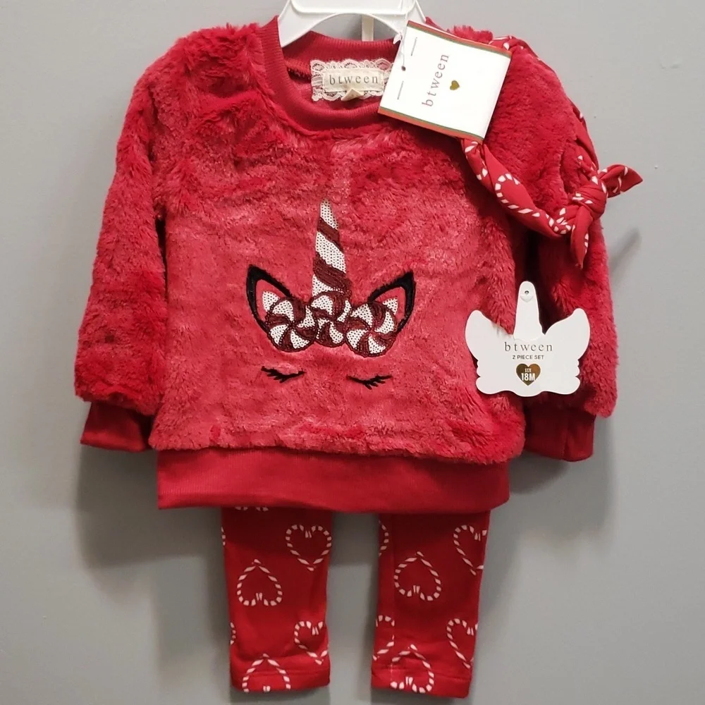 Btween 2-piece Holiday Plush Top with Unicorn and Candy Cane Print Leggings